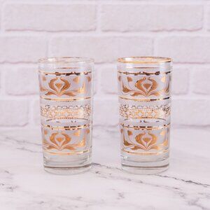 Set of 2 Vintage Dominion Highball Glasses – Gold Detail with Frosted Design